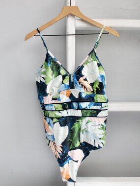 Everyday Sunday Cami One-Piece Swimsuit Coastal Tropical Floral Blue Size XL